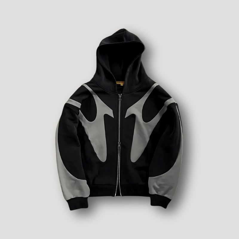 Men's relaxed fit black zip-up hoodie, perfect for casual streetwear and layering urban fashion.