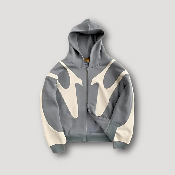 Casual men's navy zip-up hoodie, relaxed fit streetwear style with a comfortable hooded sweatshirt design.