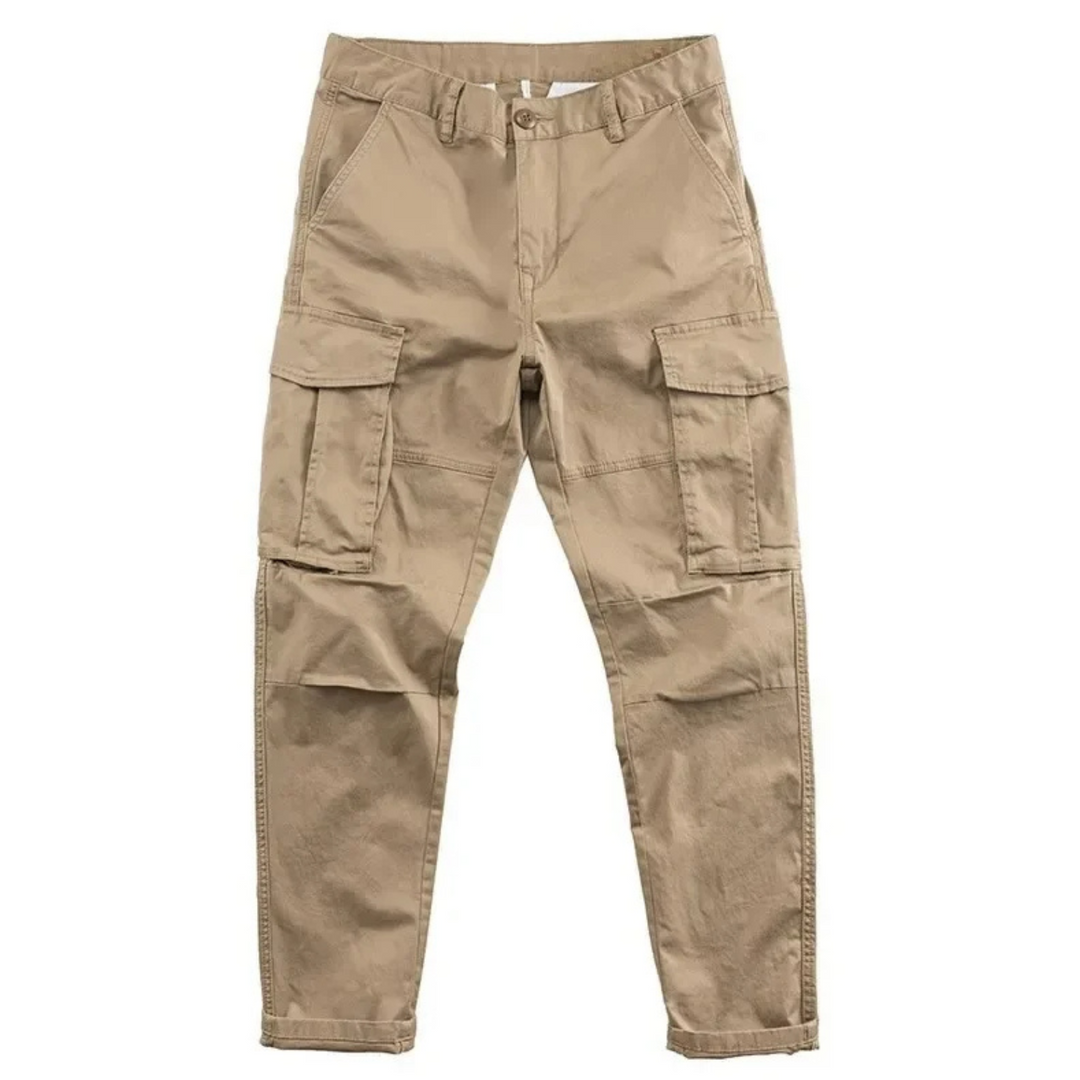Grey men's cargo pants with a relaxed fit, ideal for comfort and versatile styling.
