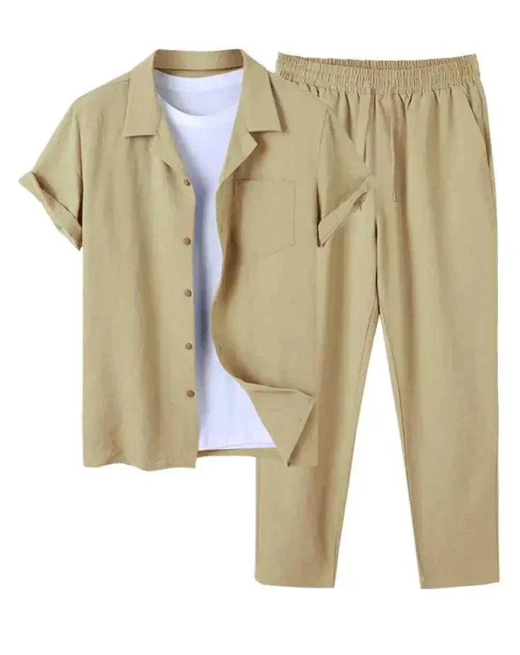 Men's relaxed fit casual short sleeve shirt & matching pants two-piece set for summer, perfect for vacation.