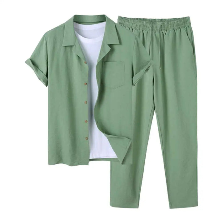 Comfortable men's relaxed fit short sleeve shirt & pants set, ideal summer loungewear, beach style & casual outfit.