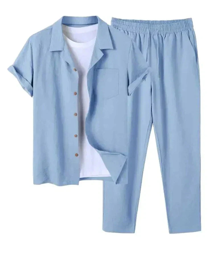 Stylish men's two-piece short sleeve shirt & pants set, perfect for warm weather, vacation wear & beach style.