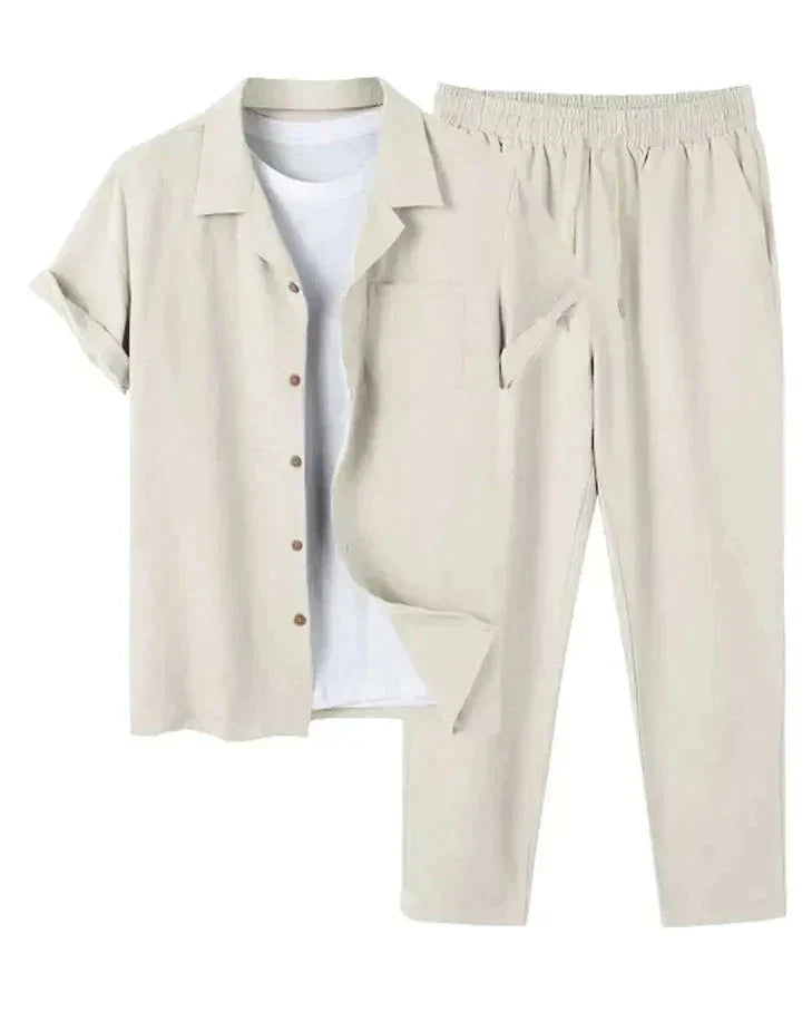 Versatile men's casual short sleeve shirt and pants set, a relaxed fit summer outfit for easy warm weather style.