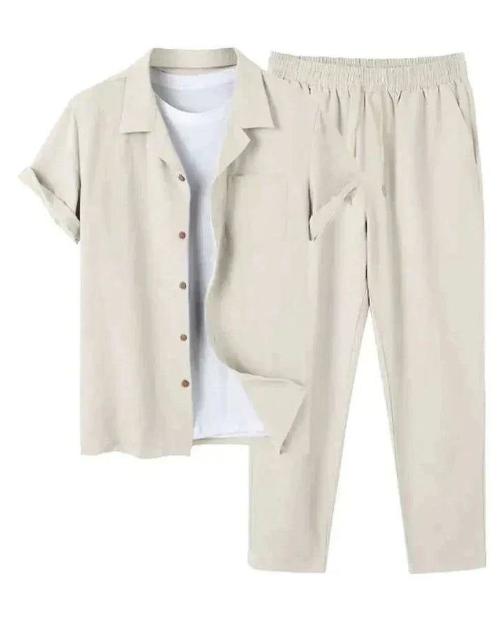 Versatile men's casual short sleeve shirt and pants set, a relaxed fit summer outfit for easy warm weather style.