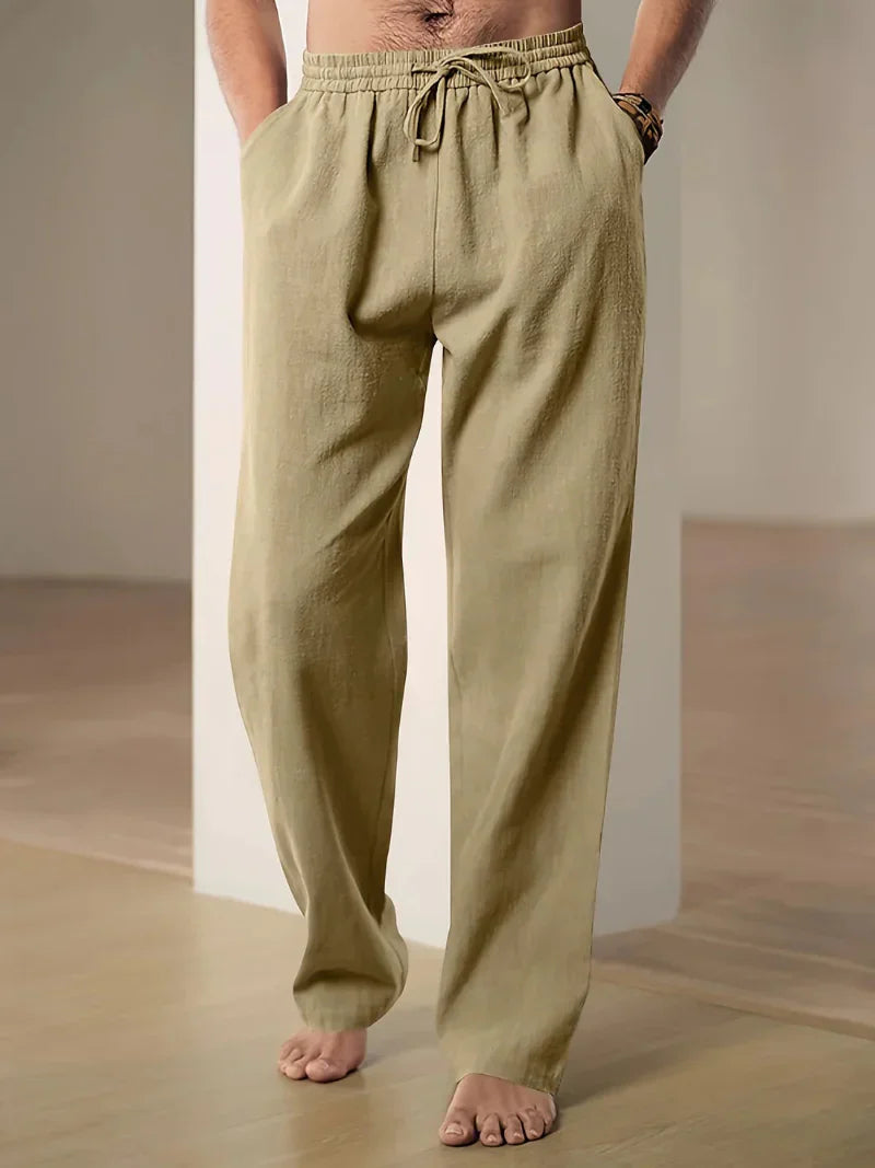 Everyday comfort men's drawstring pants; relaxed fit design with practical pockets and adjustable waist.