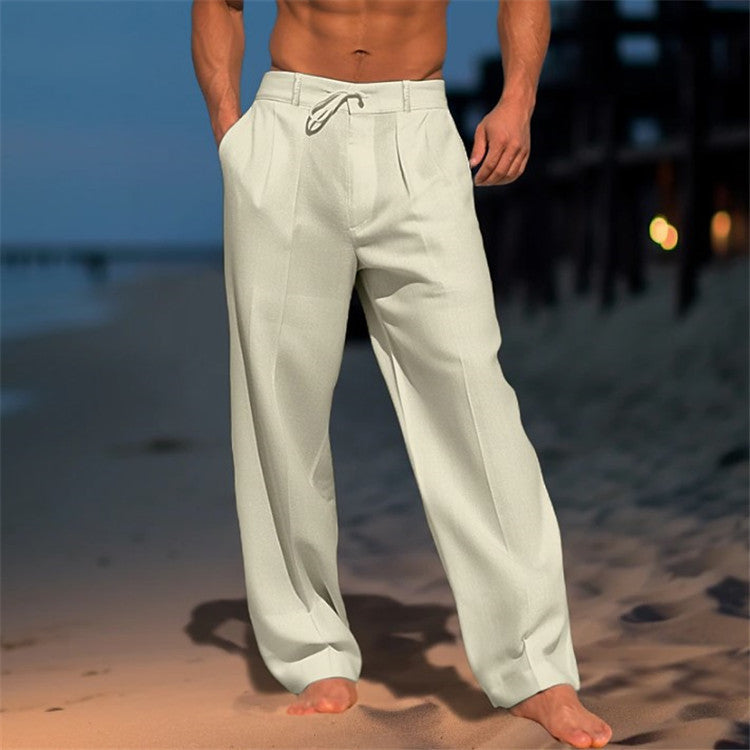 Full shot of men's spring relaxed fit trousers in beige, ideal for comfortable casual fashion