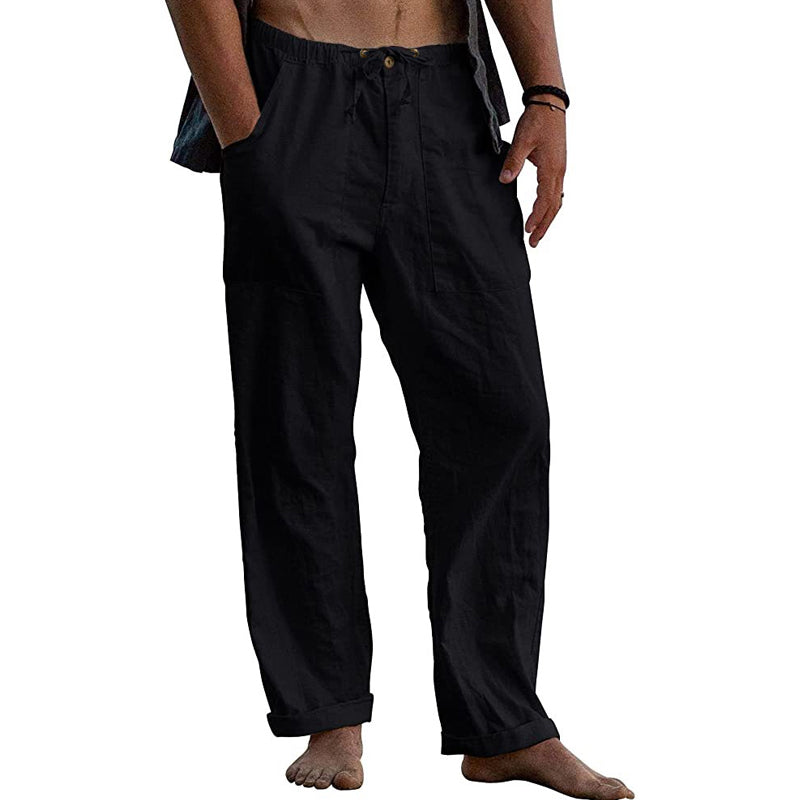 Men's casual drawstring trousers with a relaxed fit, elastic waist for summer comfort.