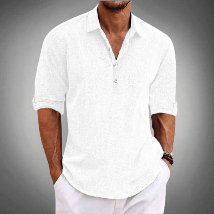 Classic menswear: long sleeve henley shirt for men, offering a relaxed fit and smart casual summer style.