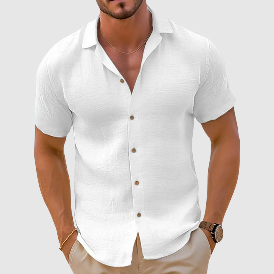 Stylish men's casual linen shirt. Relaxed button-down with long sleeves for versatile summer fashion & beach days.