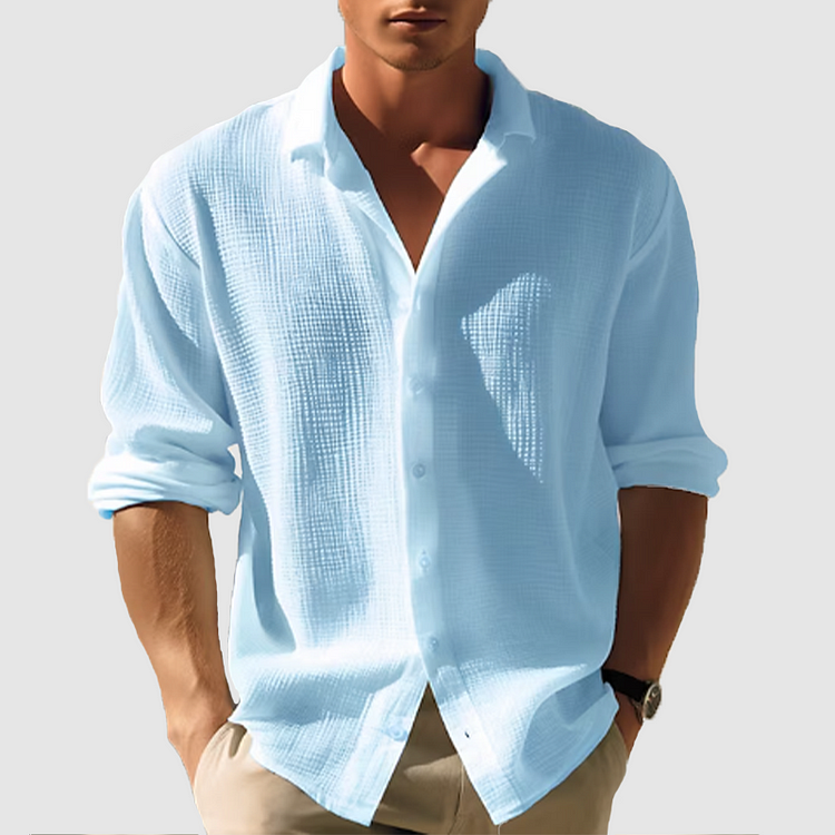 Men's relaxed fit long sleeve button-down shirt, perfect for summer casual comfort & versatile style.