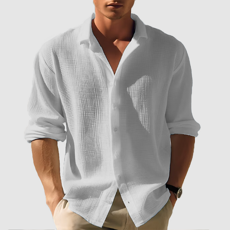 Men's summer long sleeve button-down shirt, relaxed fit for casual outdoor comfort and style.