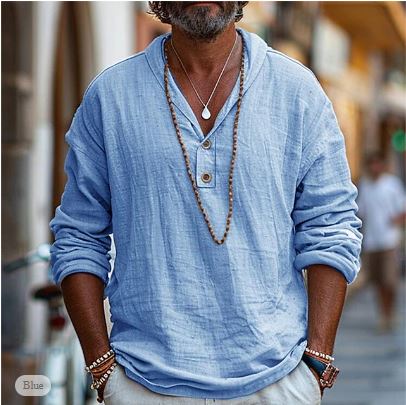 Stylish men's casual long sleeve shirt with stand-up collar. Lightweight, breathable, ideal for summer vacation.
