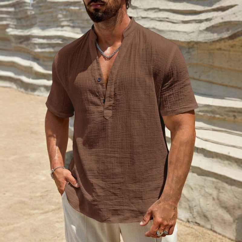 Short sleeve men's polo top, relaxed fit, textured cotton blend fabric for casual wear