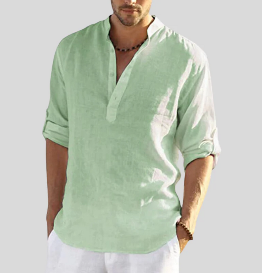 Men's relaxed fit short sleeve V-neck button-up shirt. Ideal casual summer fashion for men.