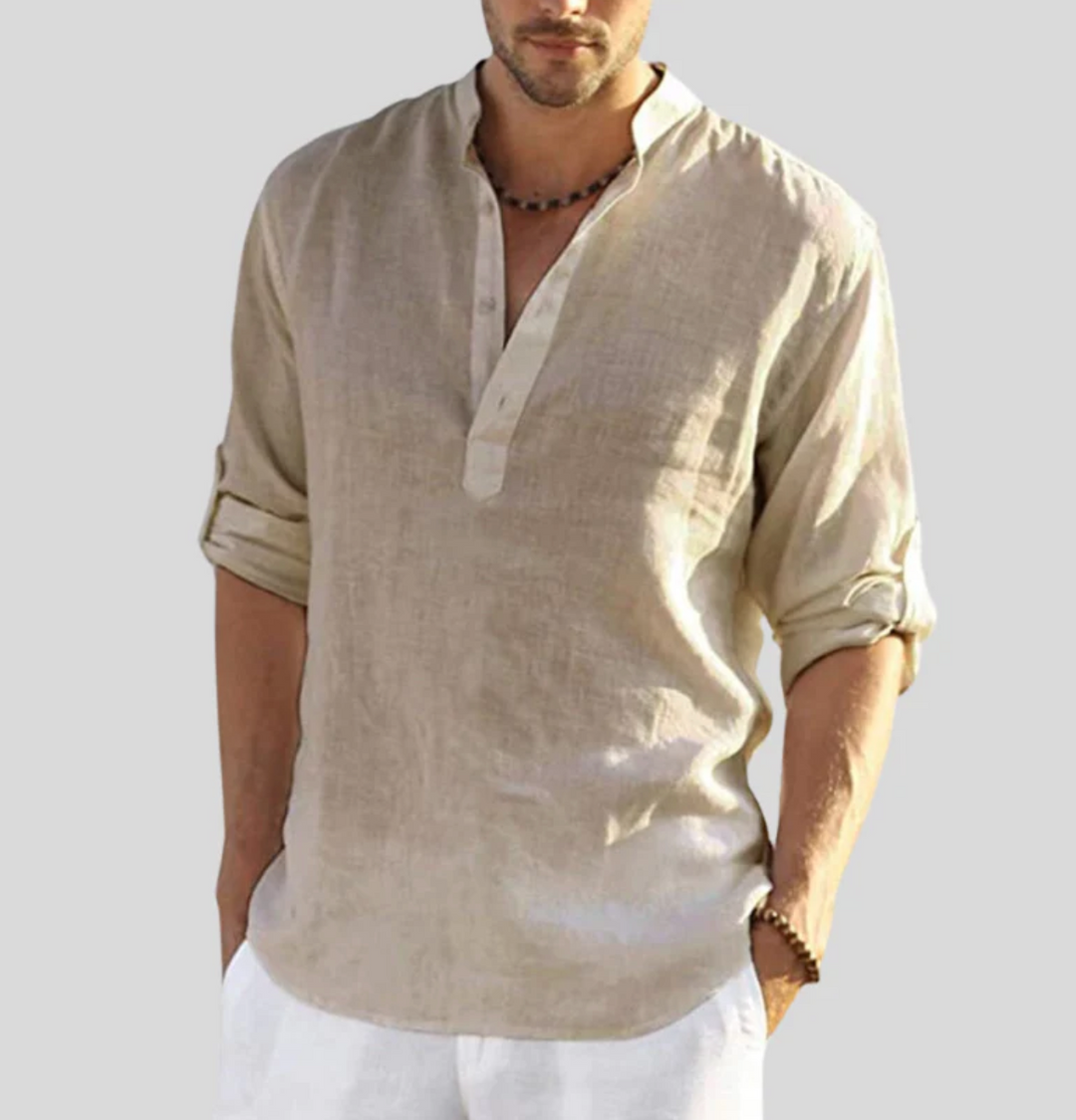 Stylish men's relaxed fit V-neck shirt with short sleeves & button-up front. Perfect for summer casual wear.