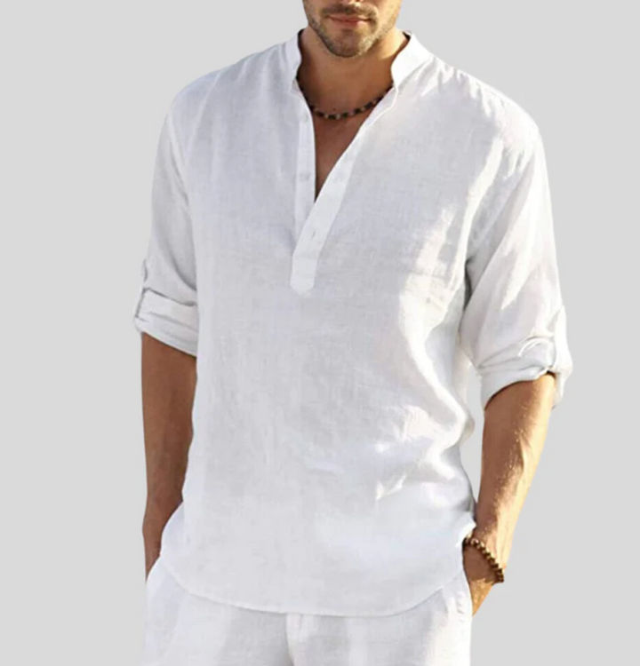 Lightweight men's V-neck button-up shirt, short sleeve, relaxed fit. Essential for comfortable summer fashion.