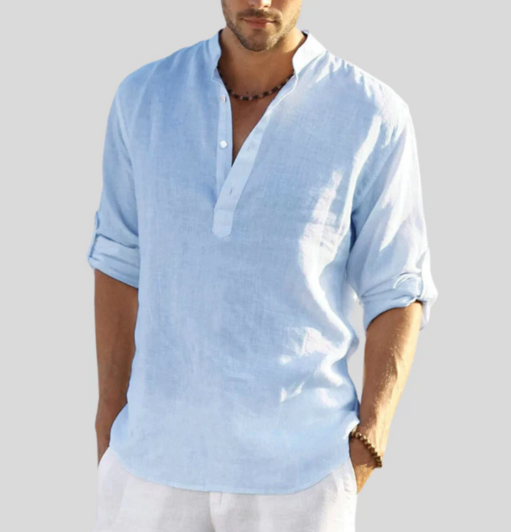 Casual men's short sleeve V-neck button-up shirt, relaxed fit. A versatile top for everyday summer style.