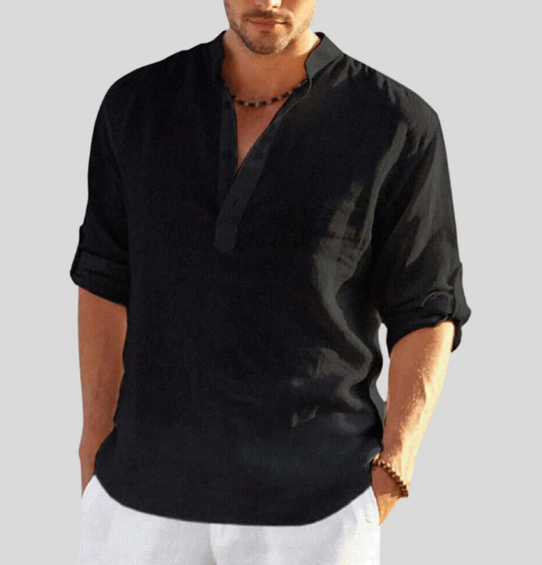 Men's summer fashion shirt: relaxed fit, short sleeve, V-neck, button-up. Great for stylish everyday wear.