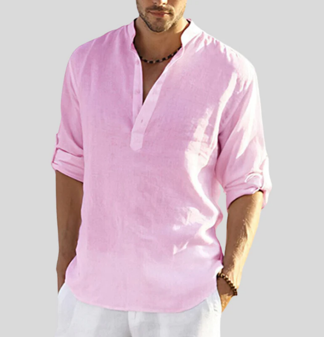Comfortable men's relaxed fit V-neck button-up shirt, short sleeve. Your go-to summer shirt for men.