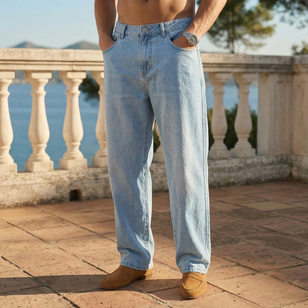 Light blue relaxed fit straight leg denim jeans for men, offering classic casual style and comfort.