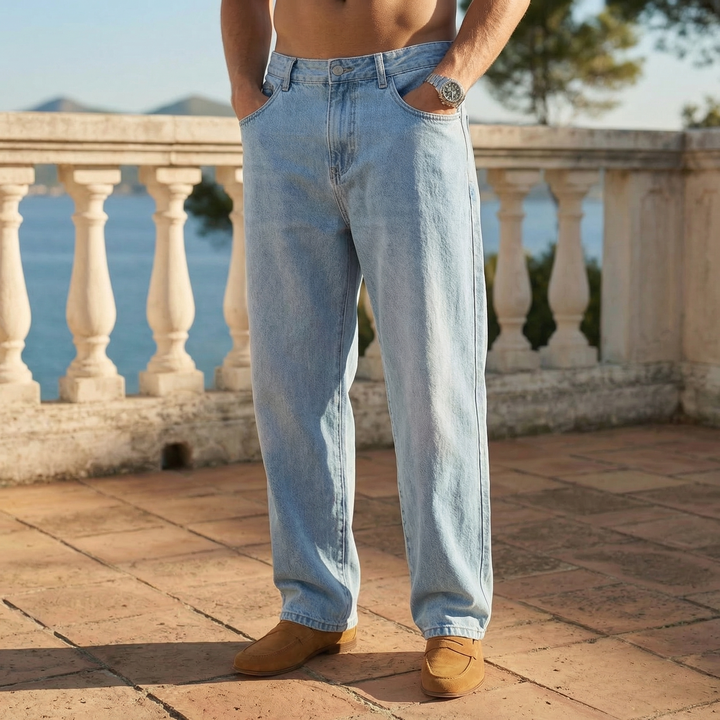 Light blue relaxed fit straight leg denim jeans for men, offering classic casual style and comfort.