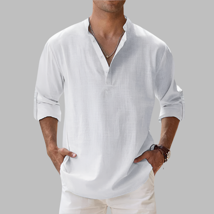 Easy care men's relaxed fit button-down shirt. Perfect long sleeve summer shirt for travel & vacation comfort.