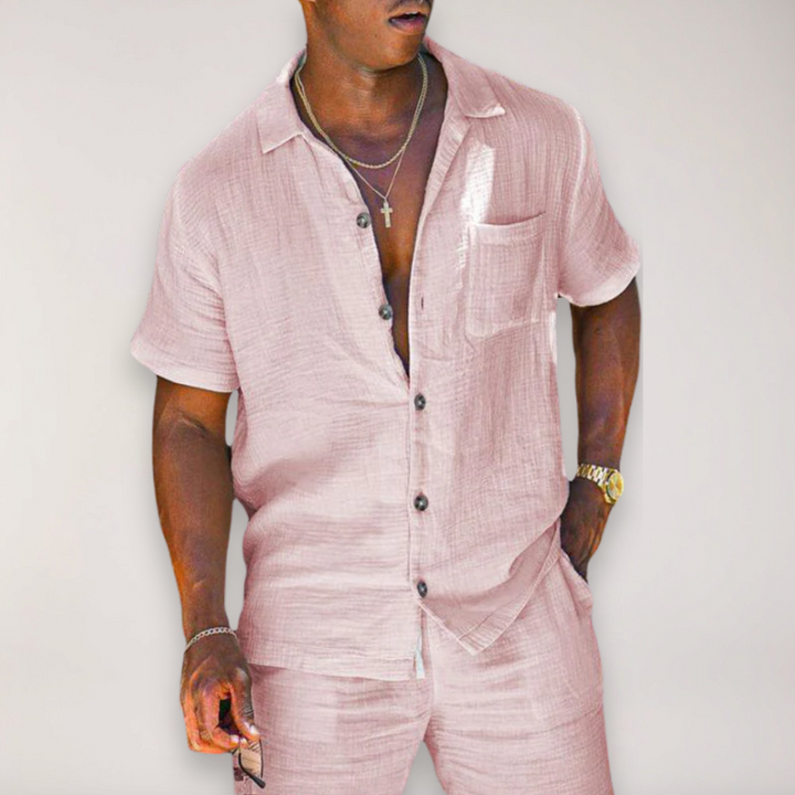 Comfortable men's coordinating summer outfit: a relaxed fit short sleeve shirt and matching shorts for holidays.