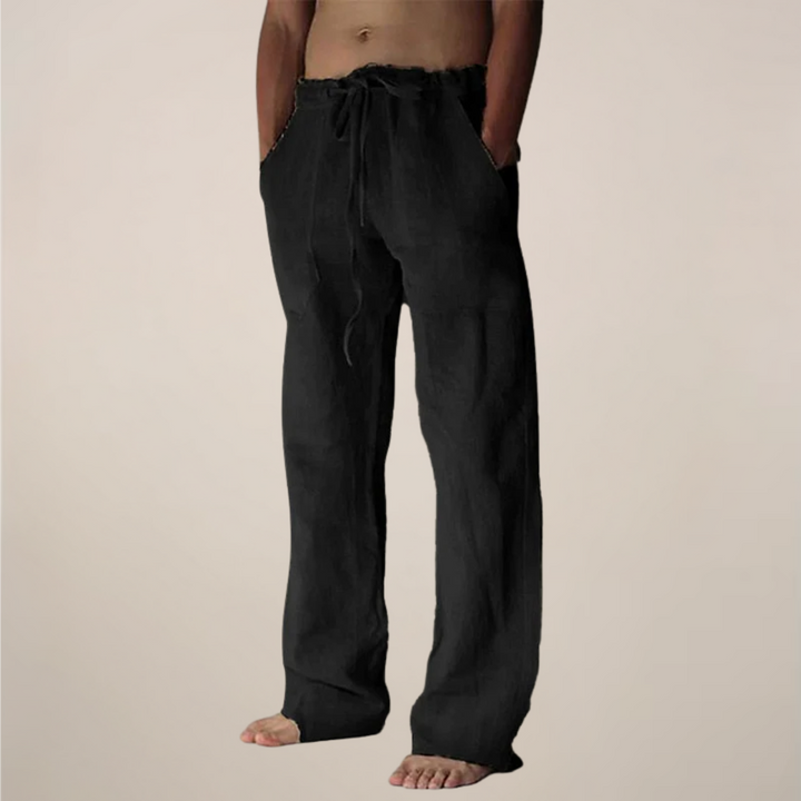 Lightweight, easy-care men's wide leg drawstring trousers for ultimate summer comfort.