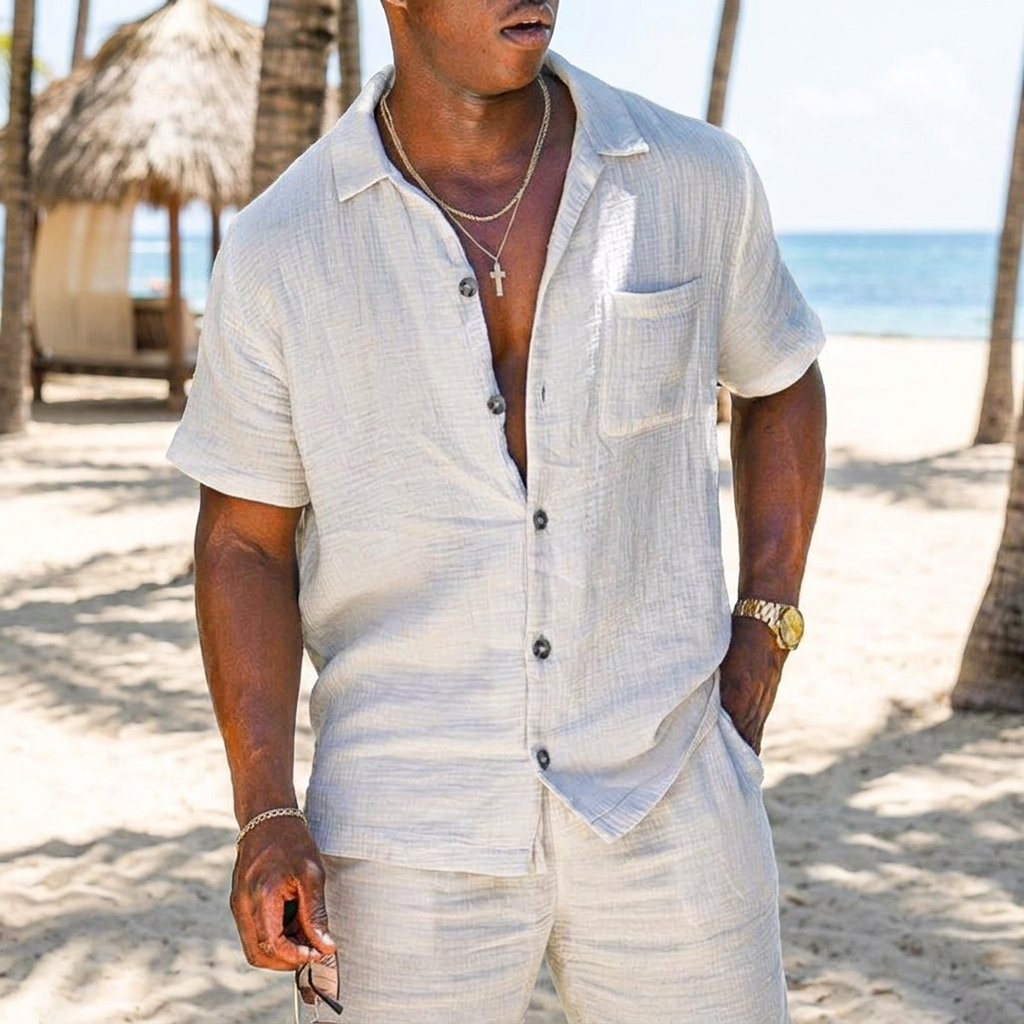 Men's relaxed two-piece summer set in a comfortable knitted fabric. Ideal for casual wear & spring fashion.
