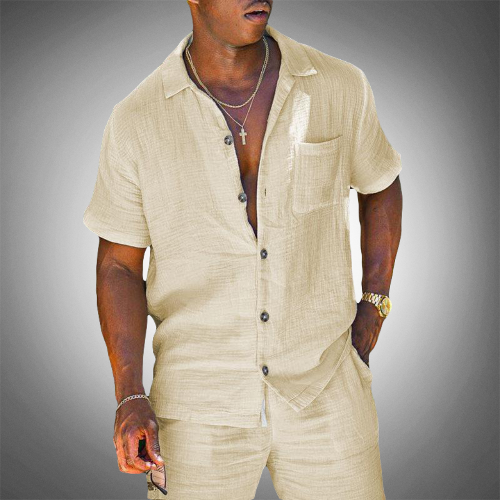 Relaxed fit men's coordinating two-piece summer set, perfect for casual spring & summer fashion.