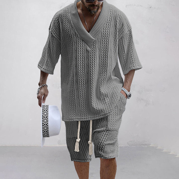 Men's relaxed V-neck shirt & shorts lounge set. Comfortable two-piece casual outfit for home or summer.