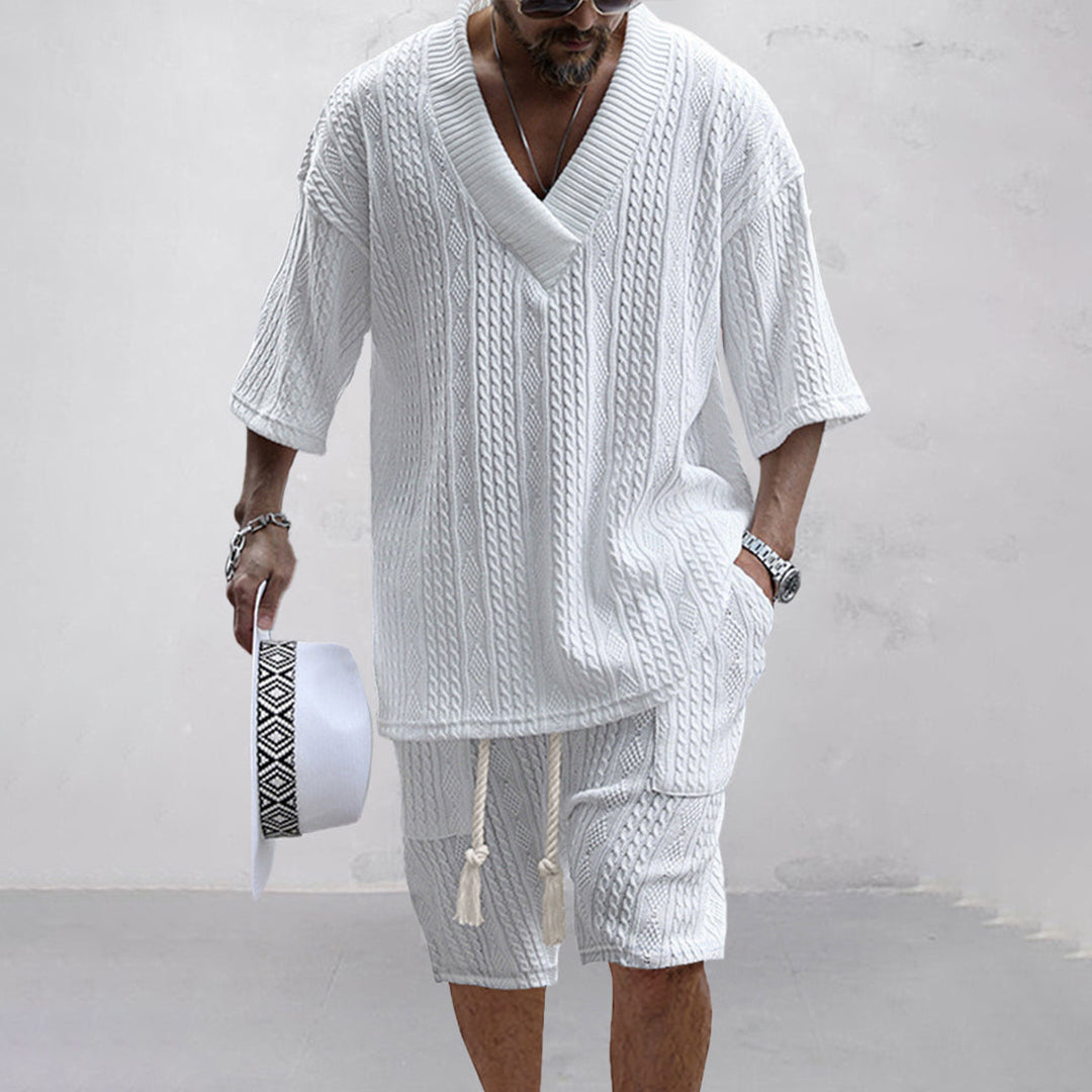 Relaxed fit men's V-neck shirt and shorts comfort set. Ideal for lounging, summer, or daily wear.