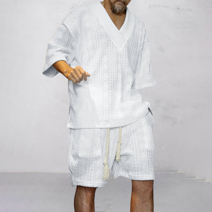 Soft men's coordinated V-neck shirt and shorts lounge wear. Perfect for leisure & home comfort.