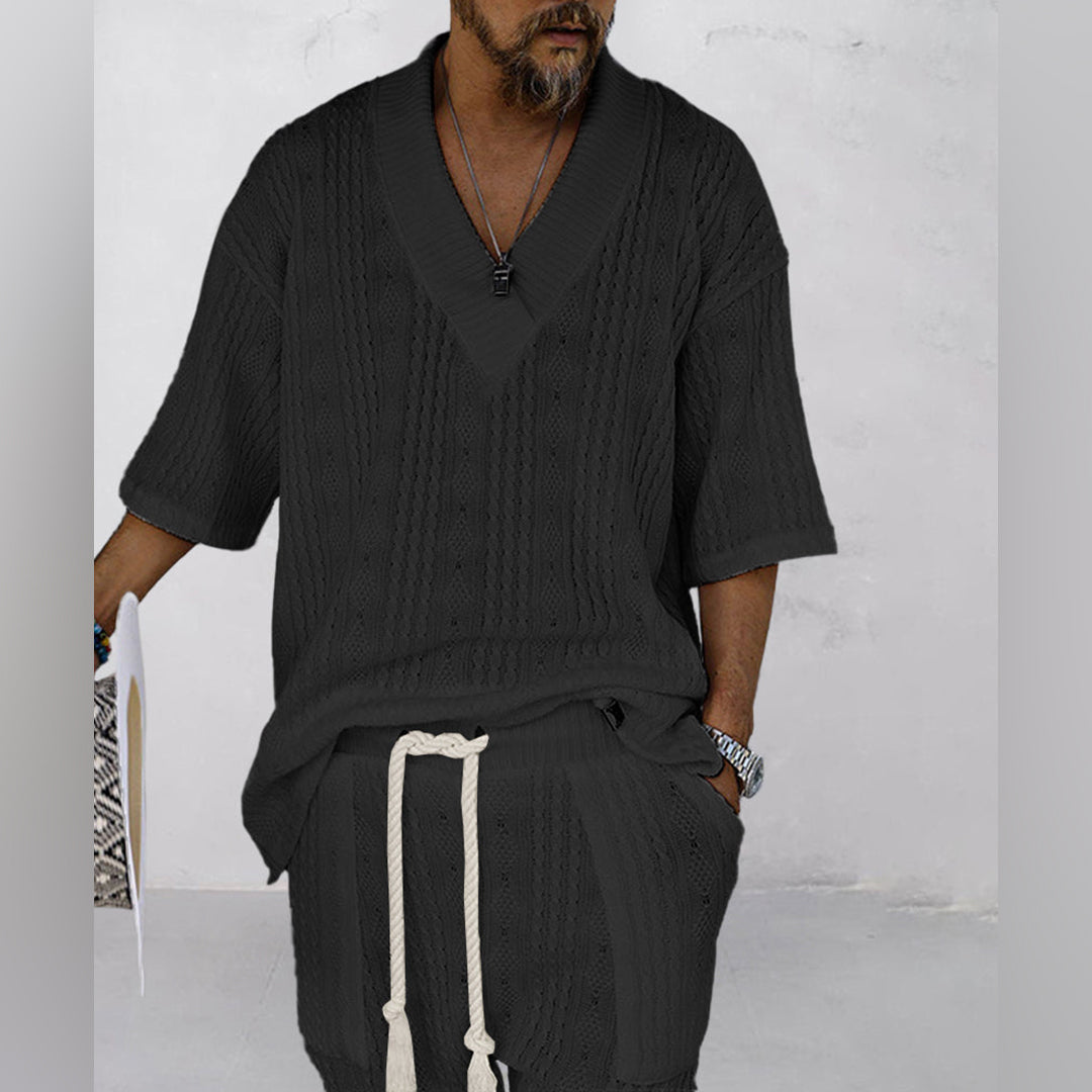 Men's relaxed V-neck shirt & shorts for ultimate lounge wear comfort. Perfect casual outfit for summer days.