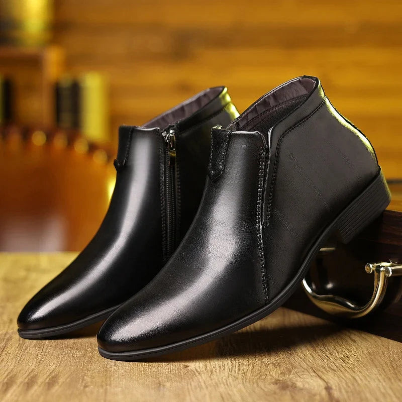 Stylish men's ankle boots featuring a convenient side zip, versatile for both dressy occasions & casual outfits.