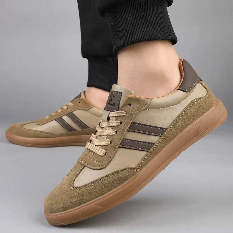 Retro style men's lace-up trainers in khaki beige, offering all-day comfort for casual walking.