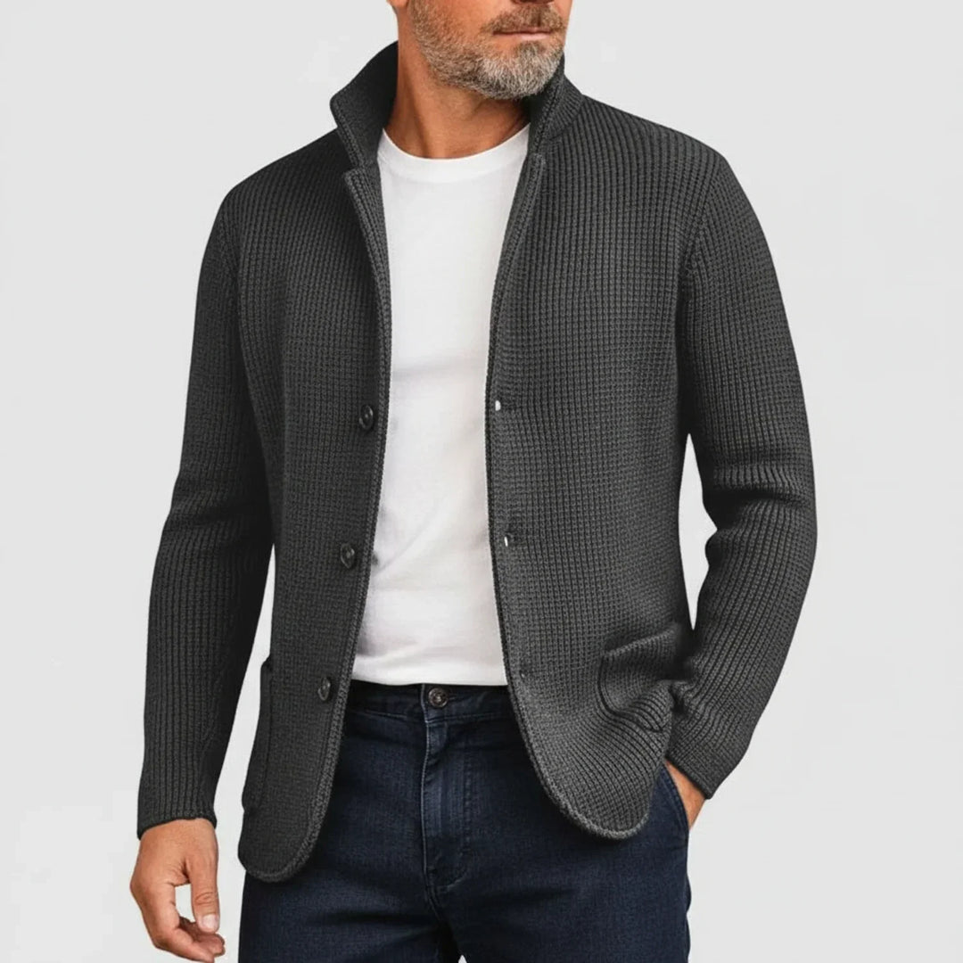 Men's fall fashion ribbed cardigan. Stylish button-front sweater, great for layering & comfort.