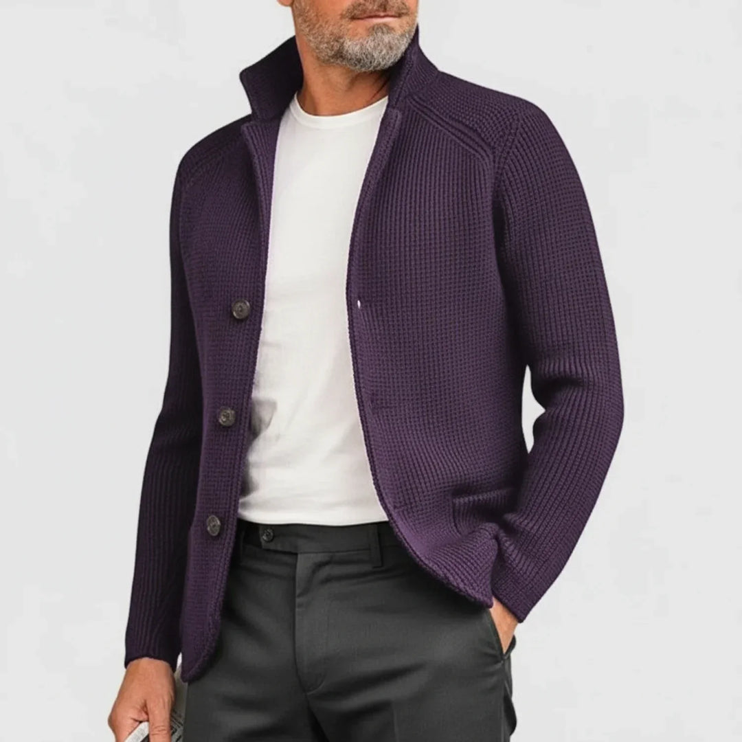 Stylish men's ribbed sweater with button-front and stand collar. Versatile fall layering piece.