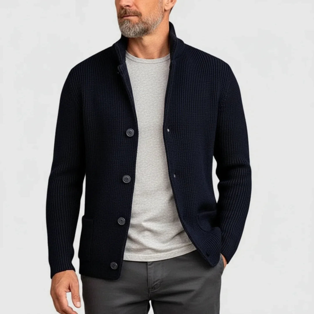 Men's casual ribbed button-front cardigan. Comfortable long sleeve sweater for everyday style.