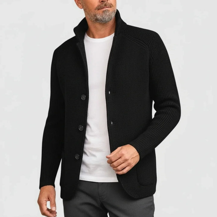 Fall fashion men's ribbed cardigan sweater. Button-front design for versatile layering.
