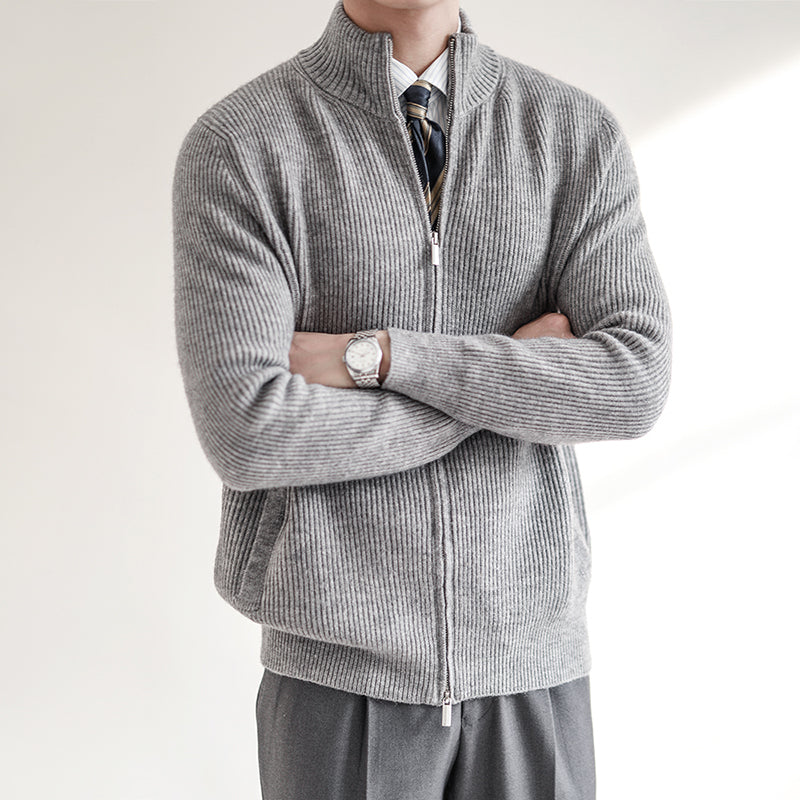 Elegant men's long sleeve full zip stand collar ribbed knit cardigan. Comfortable casual wear.