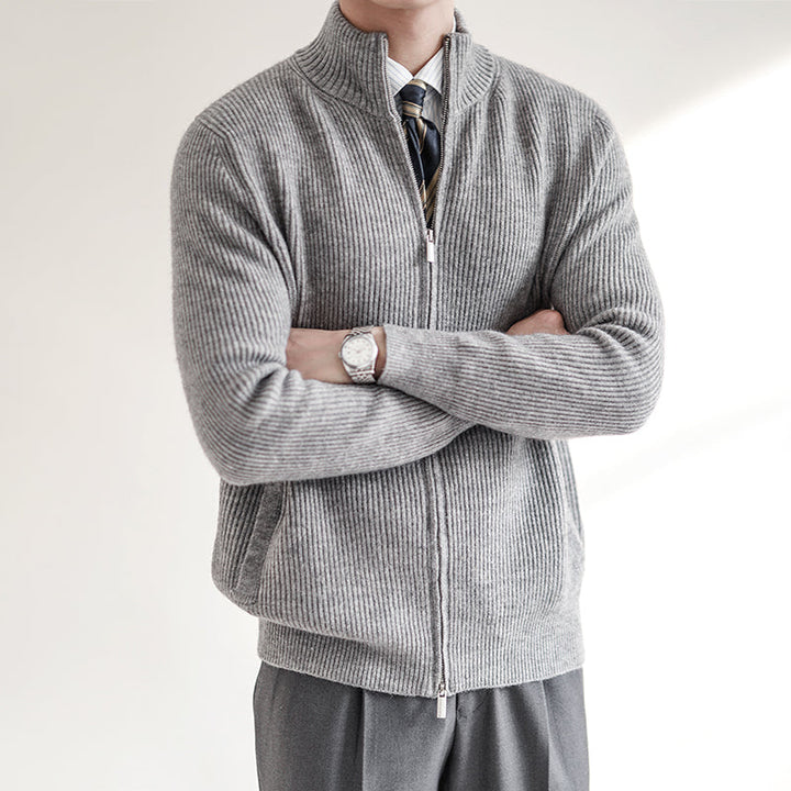 Elegant men's long sleeve full zip stand collar ribbed knit cardigan. Comfortable casual wear.