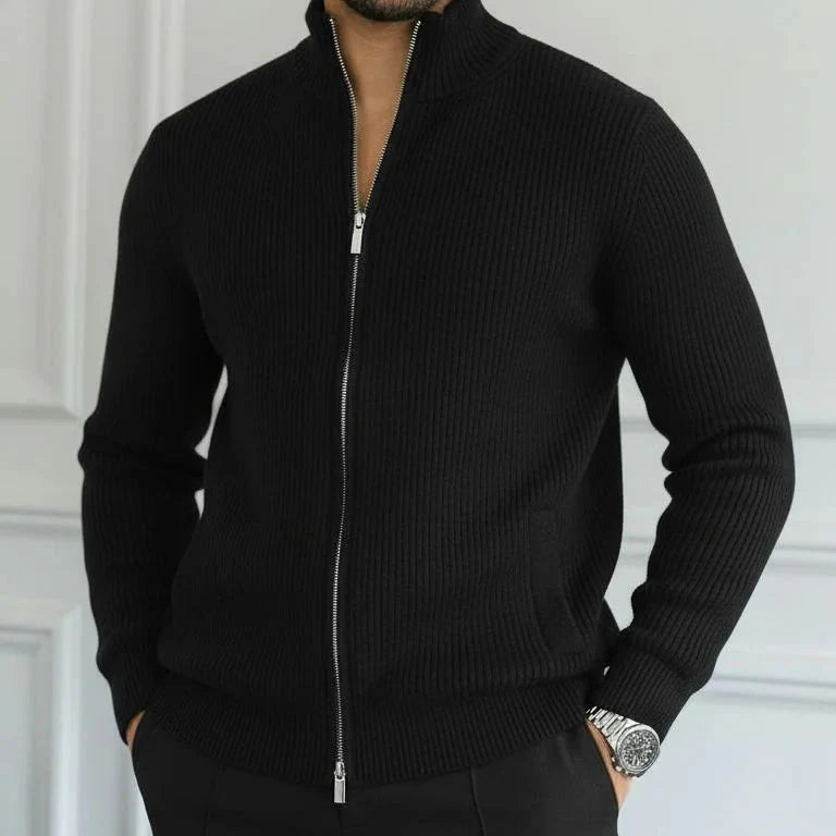 Classic men's knitwear: ribbed full zip cardigan with a stand collar. Ideal for fall & winter comfort.