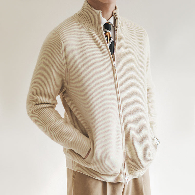 Stylish men's ribbed full-zip cardigan, stand collar design. Great for layering and men's fashion.