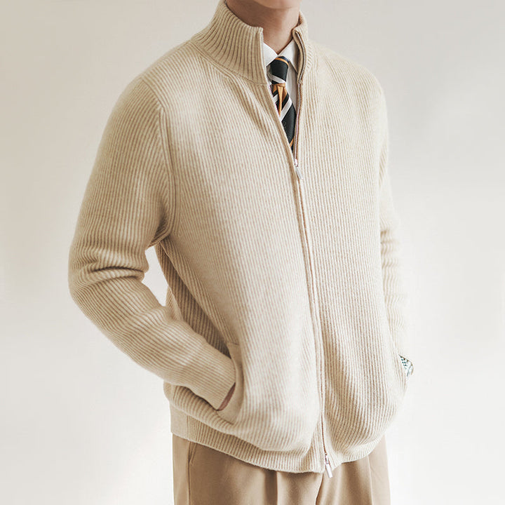 Stylish men's ribbed full-zip cardigan, stand collar design. Great for layering and men's fashion.