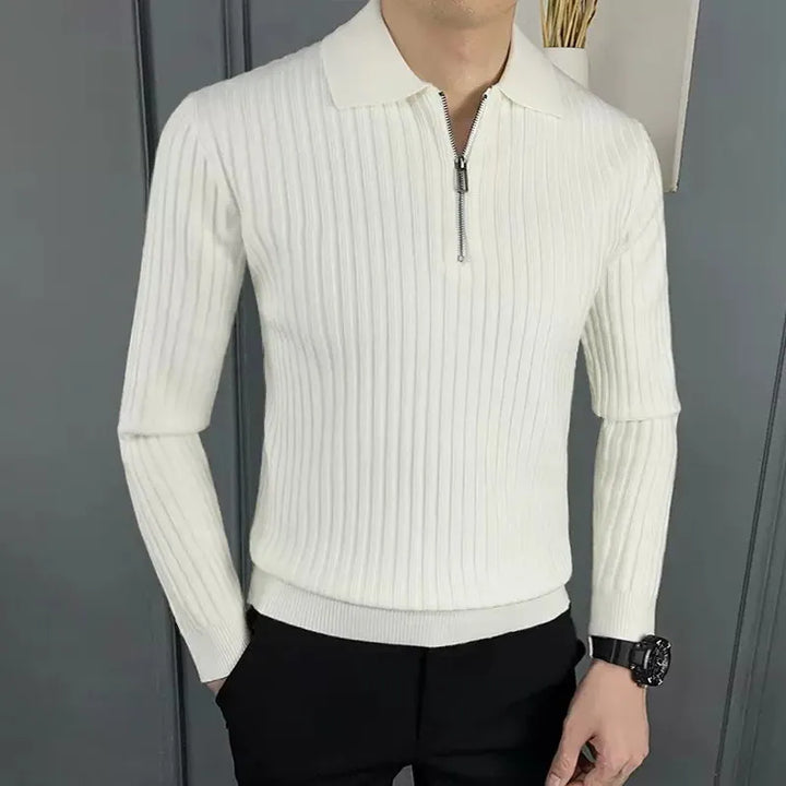 Men's ribbed zip neck sweater in a dark color, perfect for casual winter fashion.