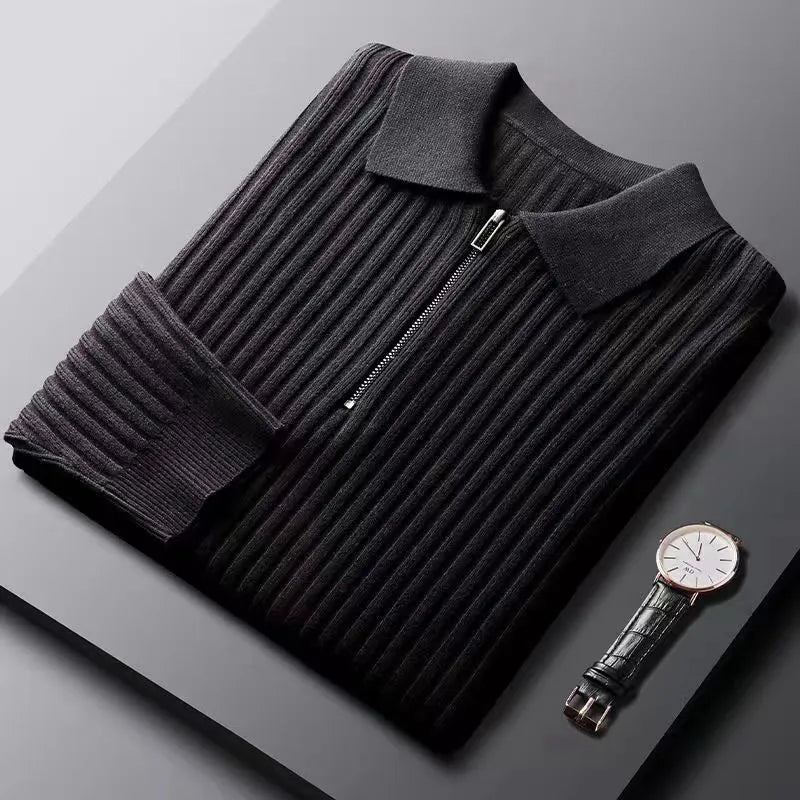 Close-up of a comfortable men's ribbed knit pullover with a stylish zip neck.