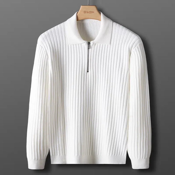 Front view of a long sleeve men's ribbed zip neck sweater, ideal for cool weather.