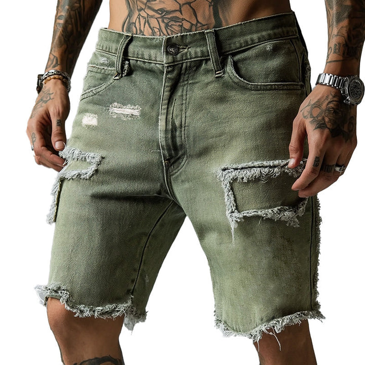Men's ripped stretch denim shorts, perfect for casual summer wear. Distressed style with five pockets.