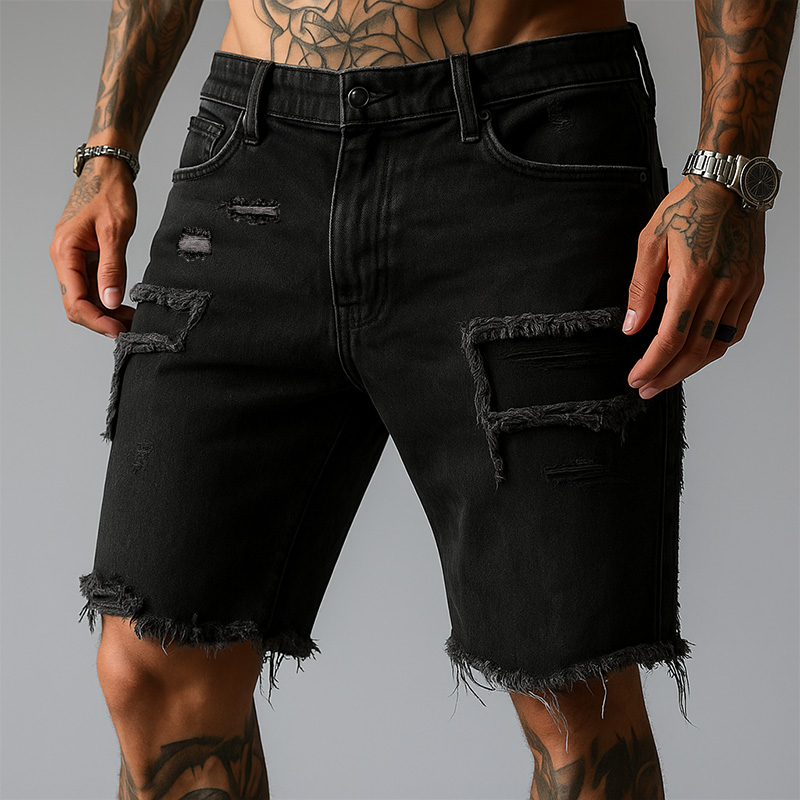 Trendy distressed men's ripped denim shorts, stretch fabric for a relaxed fit, ideal for summer casual fashion.